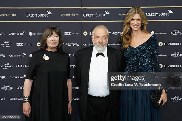 Marion Bailey, Mike Leigh and Nadja Schildknecht attend the Award Night during the Zurich Film Festival on October 3, 2015 in Zurich, Switzerland.