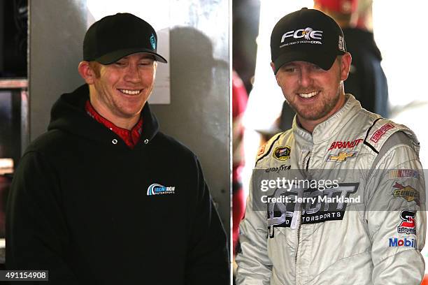 Justin Allgaier, driver of the Fraternal Order of Eagles Chevrolet, right, and Cole Whitt, driver of the Dockside/Rinnai Tankless Water Heaters Ford,...