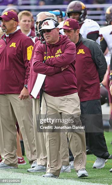 Head coach Jerry Kill of the Minnesota Golden Gophers watches as his team takes on the Northwestern Wildcats at Ryan Field on October 3, 2015 in...
