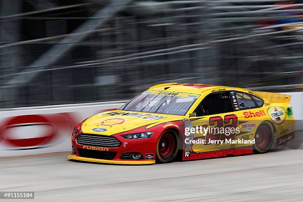 Joey Logano, driver of the Shell Pennzoil Ford, practices for the NASCAR Sprint Cup Series AAA 400 at Dover International Speedway on October 3, 2015...