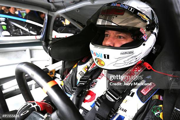 Tony Stewart, driver of the Mobil 1/Bass Pro Shops Chevrolet, sits in his car in the garage area during practice for the NASCAR Sprint Cup Series AAA...