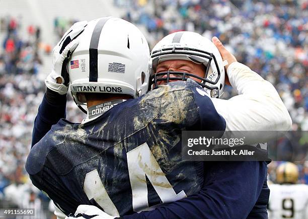 Mike Gesicki of the Penn State Nittany Lions celebrates with Christian Hackenberg after a 33 yard touchdown pass in the third quarter during the game...