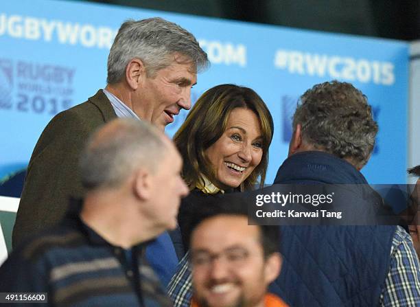 Michael Middleton and Carole Middleton attend the England v Australia match during the Rugby World Cup 2015 on October 3, 2015 at Twickenham Stadium,...