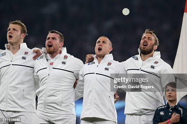 The England team sing the national anthem prior to kickoff during the 2015 Rugby World Cup Pool A match between England and Australia at Twickenham...