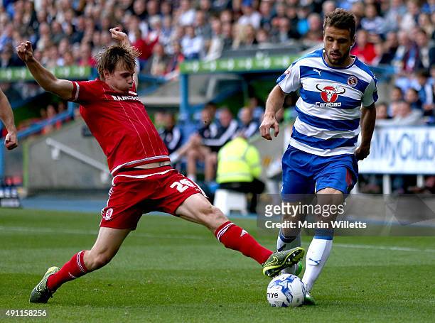 Tomas Kalas of Middlesbrough dives in to tackle Orlando Sa of Reading during the Sky Bet Championship match between Reading and Middlesbrough at...