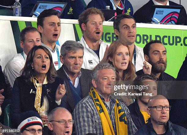 Michael Middleton, Carole Middleton, Prince Harry and James Middleton attend the England v Australia match during the Rugby World Cup 2015 on October...