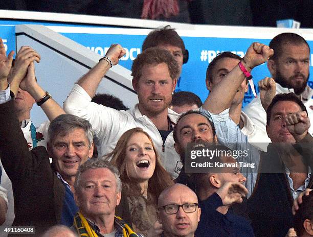 Prince Harry attends the England v Australia match during the Rugby World Cup 2015 on October 3, 2015 at Twickenham Stadium, London, United Kingdom.