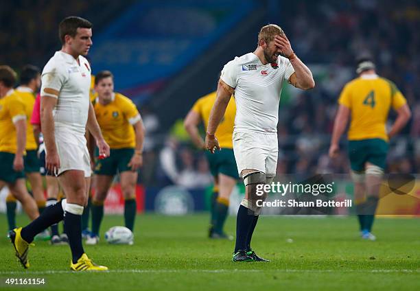 Chris Robshaw of England reacts during the 2015 Rugby World Cup Pool A match between England and Australia at Twickenham Stadium on October 3, 2015...