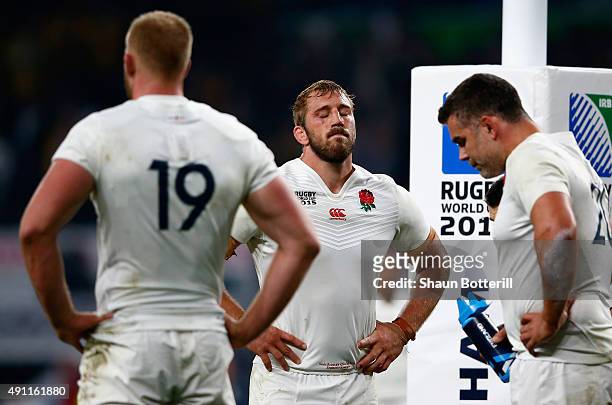 Dejected Chris Robshaw of England looks on during the 2015 Rugby World Cup Pool A match between England and Australia at Twickenham Stadium on...