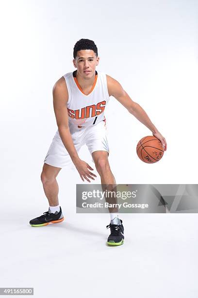 Devin Booker of the Phoenix Suns poses for Media Day on September 28, 2015 at the Talking Stick Resort Arena in Phoenix, Arizona. NOTE TO USER: User...