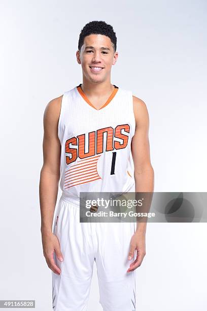 Devin Booker of the Phoenix Suns poses for Media Day on September 28, 2015 at the Talking Stick Resort Arena in Phoenix, Arizona. NOTE TO USER: User...