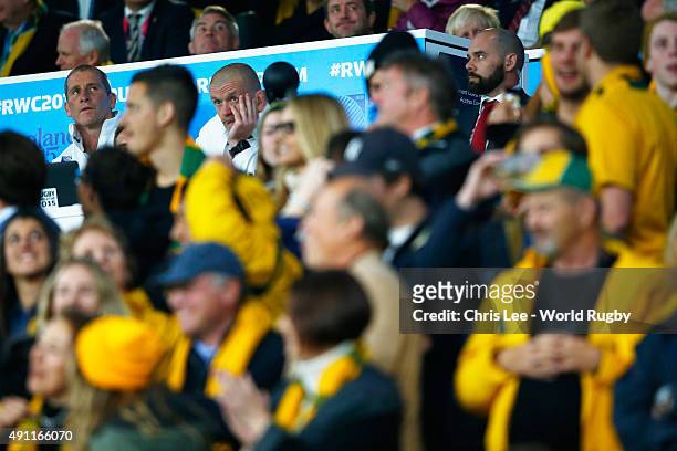 Stuart Lancaster , Head Coach of England and Graham Rowntree, Forwards Coach look dejected during the 2015 Rugby World Cup Pool A match between...