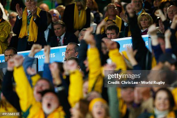 Stuart Lancaster, Head Coach of England looks dejected as Australia fans celebrate during the 2015 Rugby World Cup Pool A match between England and...