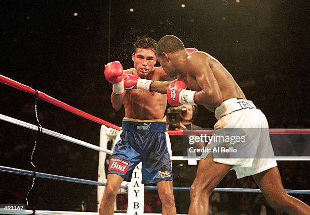 Felix Trinidad throws a punch at Oscar De La Hoya during the welterweight title fight at the Mandalay Bay Casino in Las Vegas, Nevada. Trinidad won...
