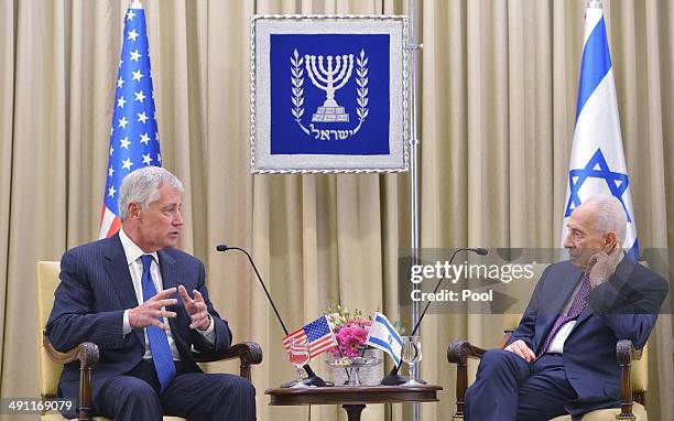 Defense Secretary Chuck Hagel talks with Israeli President Shimon Peres at the prime minister's office on May 16, 2014 in Jerusalem, Israel. Hagel is...