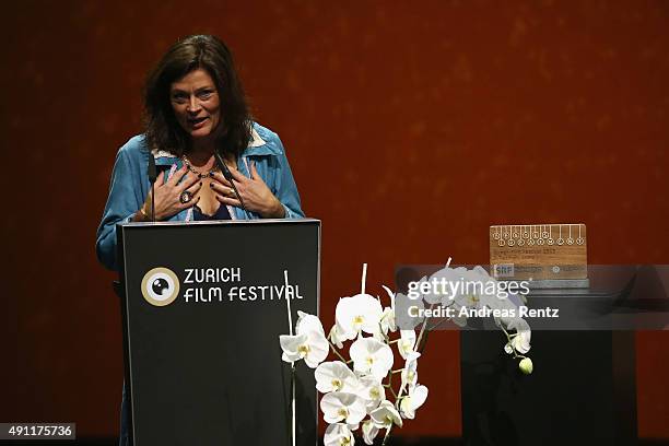 Director Stefanie Klemm speaks onstage after receiving the Treatment Award for 'Renatas Erwachen' at the Award Night Ceremony during the Zurich Film...