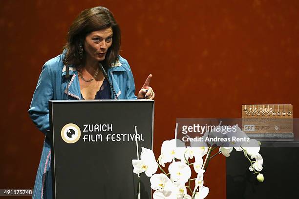 Director Stefanie Klemm speaks onstage after receiving the Treatment Award for 'Renatas Erwachen' at the Award Night Ceremony during the Zurich Film...