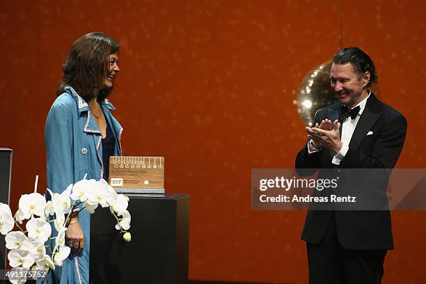 Director Stefanie Klemm speaks onstage after receiving the Treatment Award for 'Renatas Erwachen' at the Award Night Ceremony during the Zurich Film...