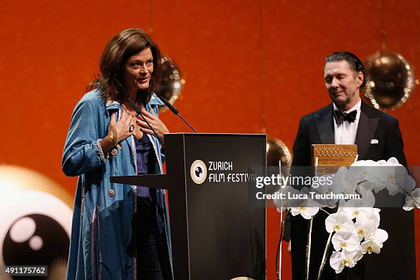 Director Stefanie Klemm speaks onstage after receiving the Treatment Award for 'Renatas Erwachen' at the Award Night Ceremony during the Zurich Film...