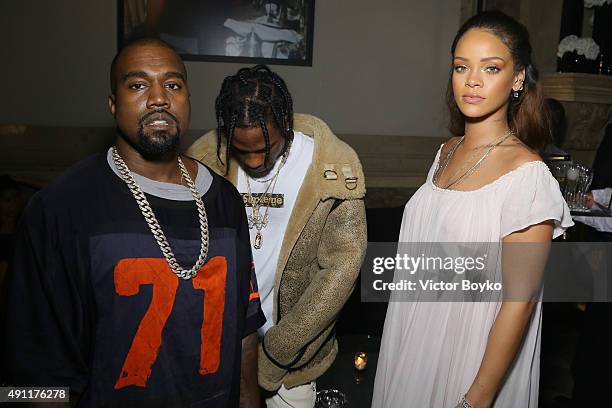 Kanye West, Travis Scott and Rihanna attend Vogue 95th Anniversary Party on October 3, 2015 in Paris, France.