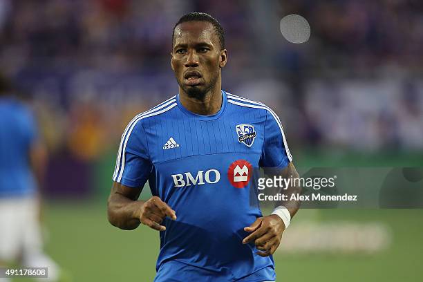 Didier Drogba of Montreal Impact is seen as he warms up prior to a MLS soccer match between the Montreal Impact and the Orlando City SC at the...