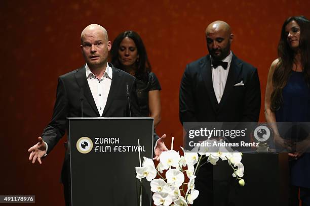 Director Grimur Hakonarson speaks onstage after receiving the award for the Best International Feature Film for 'Hrutar at the Award Night Ceremony...