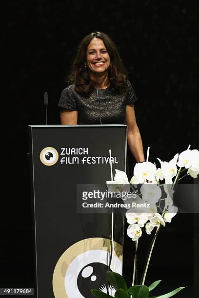Elizabeth Karlsen is seen onstage at the Award Night Ceremony during the Zurich Film Festival on October 3, 2015 in Zurich, Switzerland.