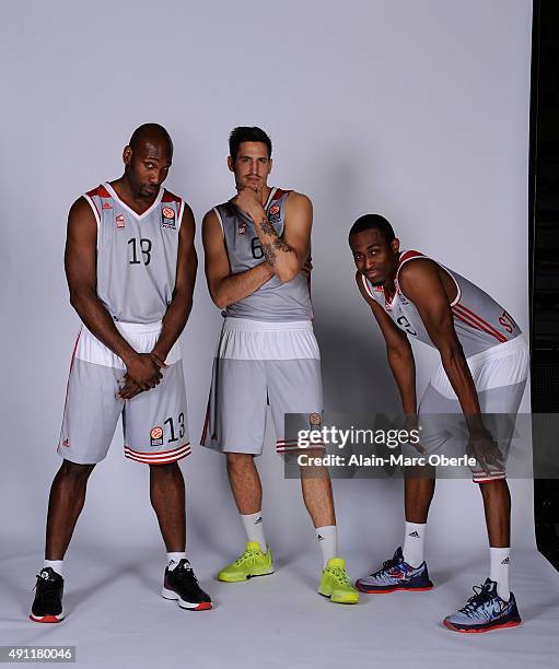 Louis Campbell, #13 of Strasbourg; Paul Lacombe, #6 and Rodrigue Baubois, #3 poses during the 2015/2016 Turkish Airlines Euroleague Basketball Media...