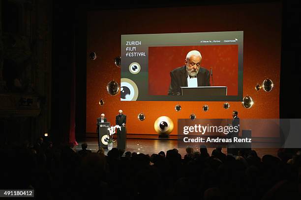Director Mike Leigh speaks onstage after receiving the ZFF Lifetime Honor award during the Award Night during the Zurich Film Festival on October 3,...