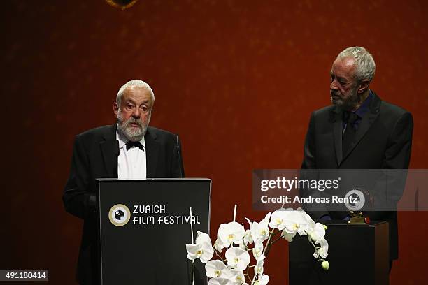 Director Mike Leigh speaks onstage after receiving the ZFF Lifetime Honor award during the Award Night during the Zurich Film Festival on October 3,...