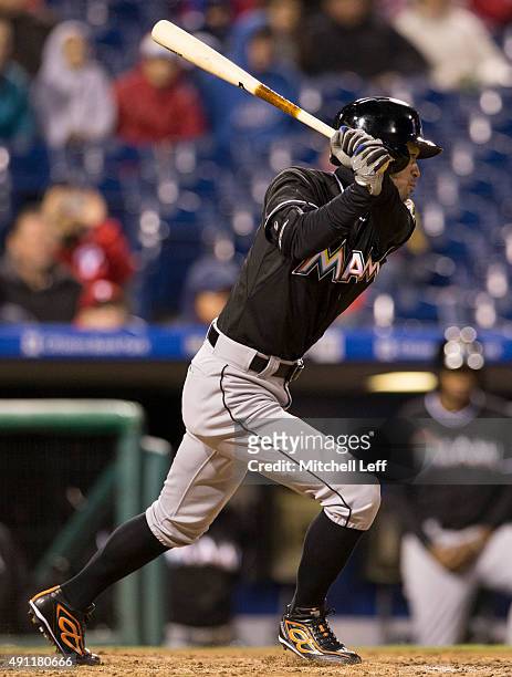 Ichiro Suzuki of the Miami Marlins grounds out in the top of the eighth inning against the Philadelphia Phillies on October 3, 2015 at Citizens Bank...
