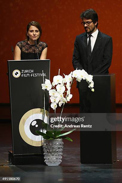 Ruxandra Zenide speaks on stage after winning the grant of the Swiss Film Board for the 'The Miracle of Tekir' at the Award Night Ceremony during the...