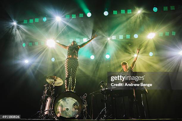 Kim Schifino and Matt Johnson of Matt & Kim performs on stage at First Direct Arena on October 3, 2015 in Leeds, England.