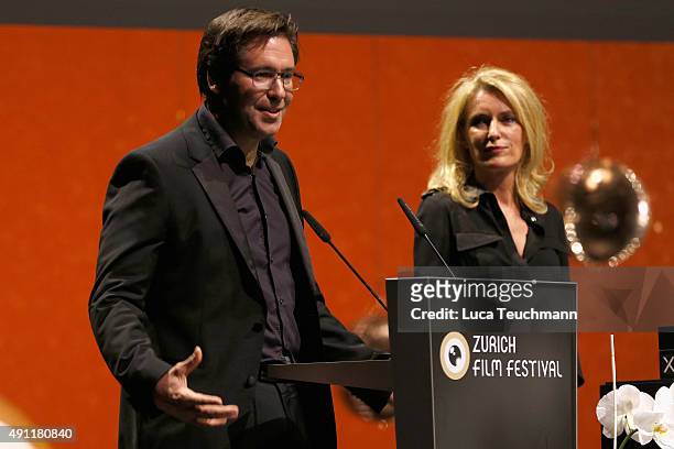 Director Niklaus Hilber speaks on stage after winning the ZFF Public Choice Award for 'Amateur Teens' at the Award Night Ceremony during the Zurich...