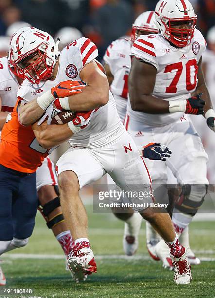 Andy Janovich of the Nebraska Cornhuskers runs the ball against the Illinois Fighting Illini at Memorial Stadium on October 3, 2015 in Champaign,...