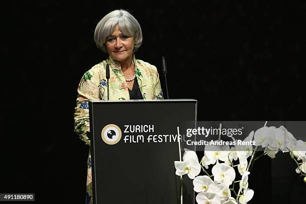 Catherine Dussart speaks onstage at the Award Night Ceremony during the Zurich Film Festival on October 3, 2015 in Zurich, Switzerland.