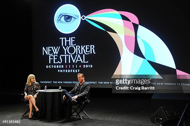 Actor Damien Lewis talks with actress Lauren Collins on stage during the The New Yorker Festival 2015 at SVA Theater on October 3, 2015 in New York...