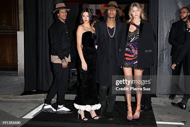 Laurent Bourgeois, Kendall Jenner, Larry Bourgeois ' Les Twins' and Gigi Hadid arrive at Vogue 95th Anniversary Party as part of the Paris Fashion...