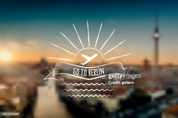 line art air travel icon on blurred berlin sundown background - berlin cathedral stock illustrations