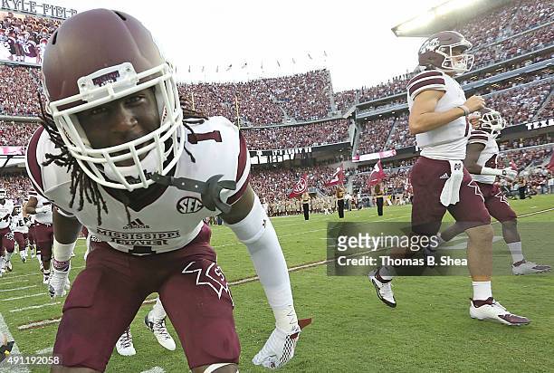 De'Runnya Wilson of the Mississippi State Bulldogs enters the field before playing the Texas A&M Aggies on October 3, 2015 at Kyle Field in College...