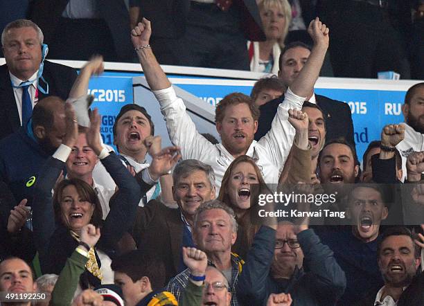 Guy Pelly, Prince Harry, Carole Middleton, Michael Middleton and James Middleton attend the England v Australia match during the Rugby World Cup 2015...