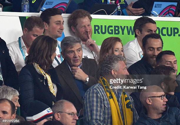 Guy Pelly, Prince Harry, Carole Middleton, Michael Middleton and James Middleton attend the England v Australia match during the Rugby World Cup 2015...