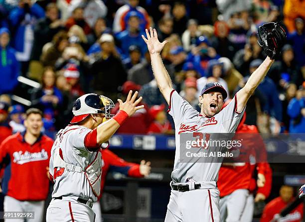 Max Scherzer of the Washington Nationals celebrates his no hitter with Wilson Ramos against the New York Mets after their game at Citi Field on...