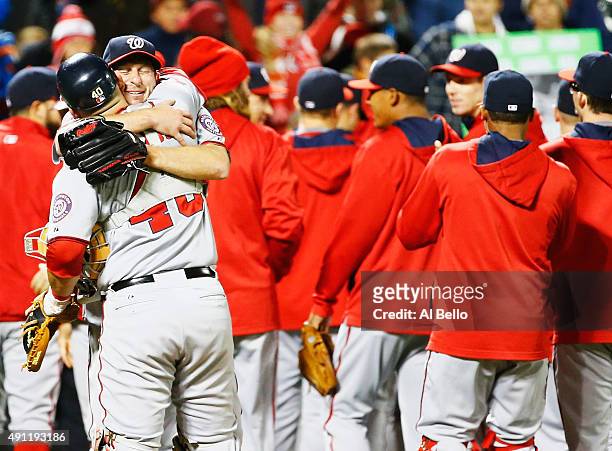 Max Scherzer of the Washington Nationals celebrates his no hitter with Wilson Ramos against the New York Mets after their game at Citi Field on...