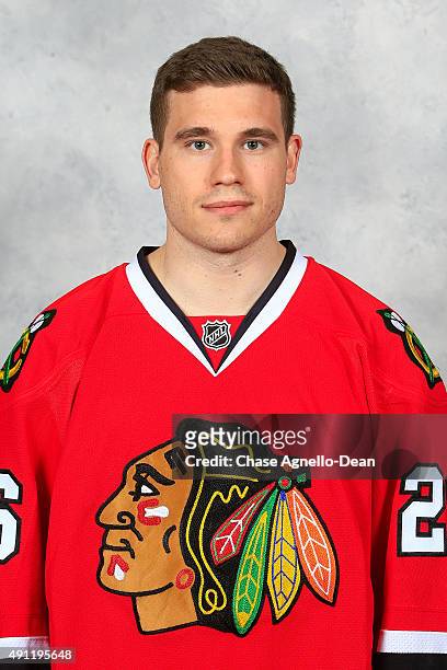 Kyle Cumiskey of the Chicago Blackhawks poses for his official headshot for the 2015-2016 season on September 16, 2015 at the United Center in...