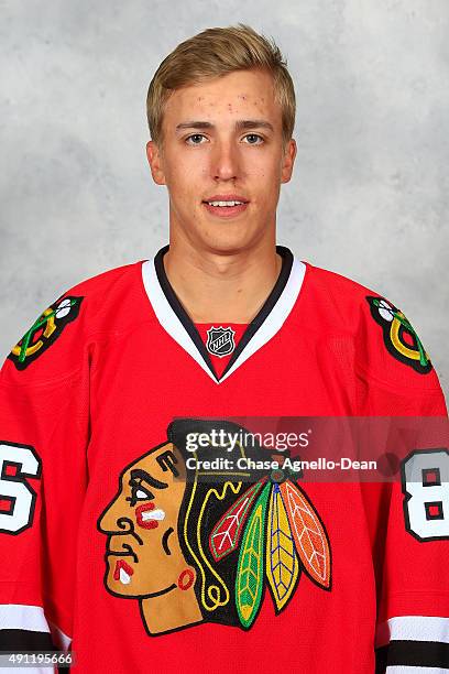 Teuvo Teravainen of the Chicago Blackhawks poses for his official headshot for the 2015-2016 season on September 16, 2015 at the United Center in...