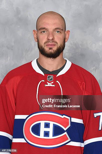 Andrei Markov of the Montreal Canadiens poses for his official headshot for the 2015-2016 season on September 17, 2015 at the Bell Sports Complex in...