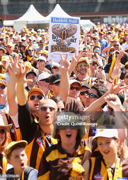 The crowd show their support during the Hawthorn Hawks AFL Grand Final fan day at Glenferrie Oval on October 4, 2015 in Melbourne, Australia.