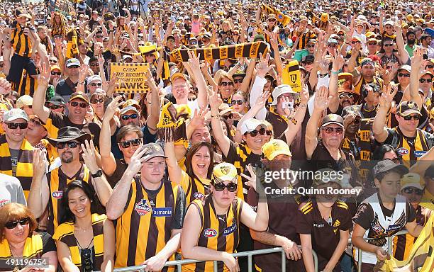The crowd show their support during the Hawthorn Hawks AFL Grand Final fan day at Glenferrie Oval on October 4, 2015 in Melbourne, Australia.