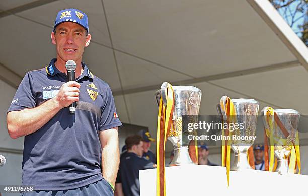 Alastair Clarkson the coach of the Hawks speaks during the Hawthorn Hawks AFL Grand Final fan day at Glenferrie Oval on October 4, 2015 in Melbourne,...